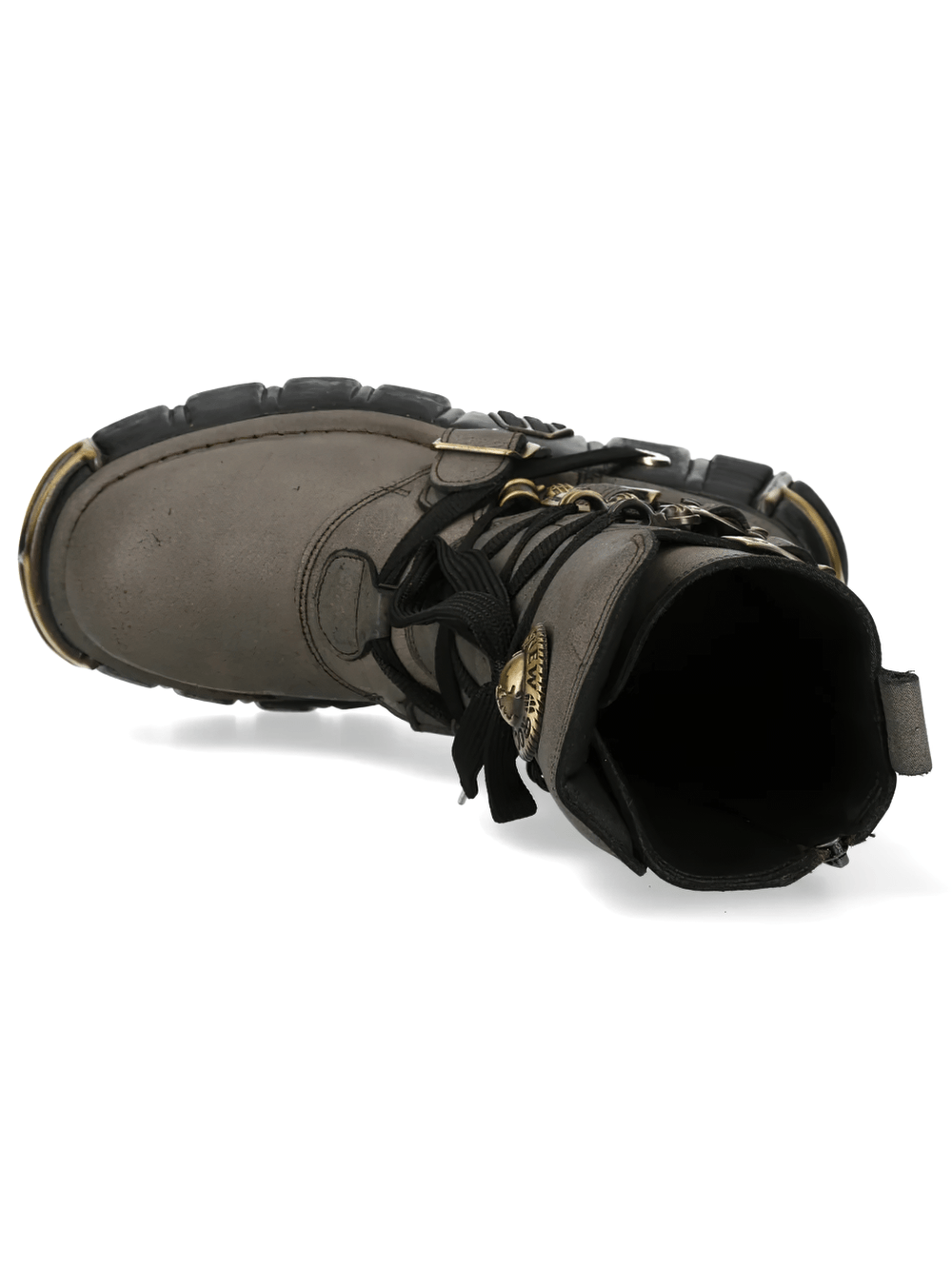 NEW ROCK Women's Mid-Calf Boots with Buckles and Chunky Sole shown from above, featuring gray leather and brass hardware.