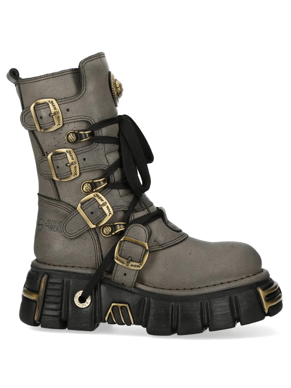 NEW ROCK Women's Mid-Calf Boots with Buckles and Chunky Sole featuring antique brass hardware and bold black sole.