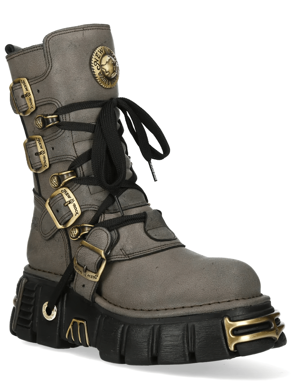 NEW ROCK Women's Mid-Calf Boots with Buckles and Chunky Sole featuring gray leather, brass hardware, and a bold platform sole.