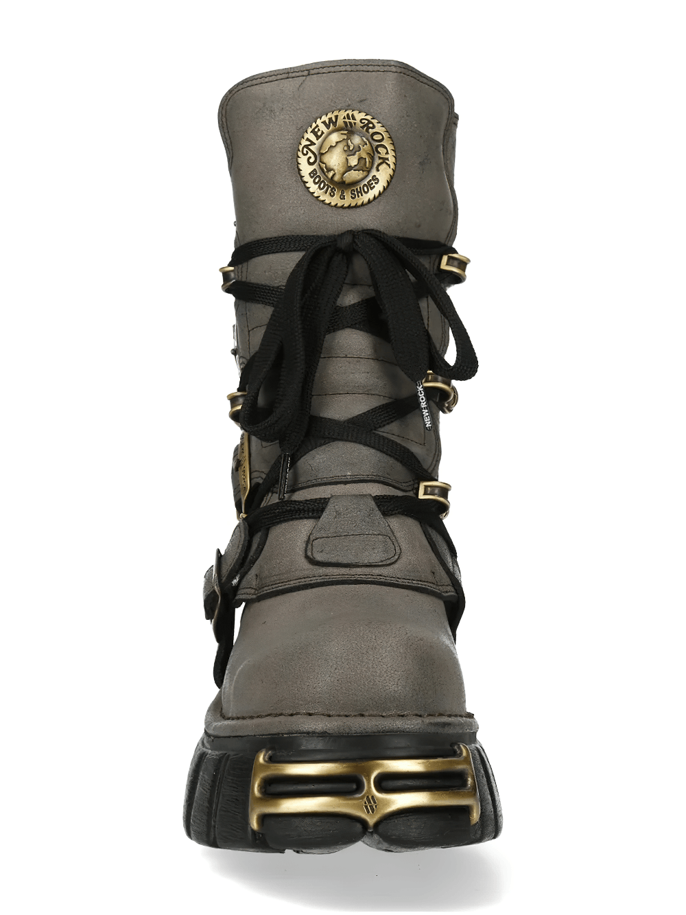 NEW ROCK Women's Mid-Calf Boots with Buckles and Chunky Sole featuring gray leather, brass hardware, and a bold treaded sole.