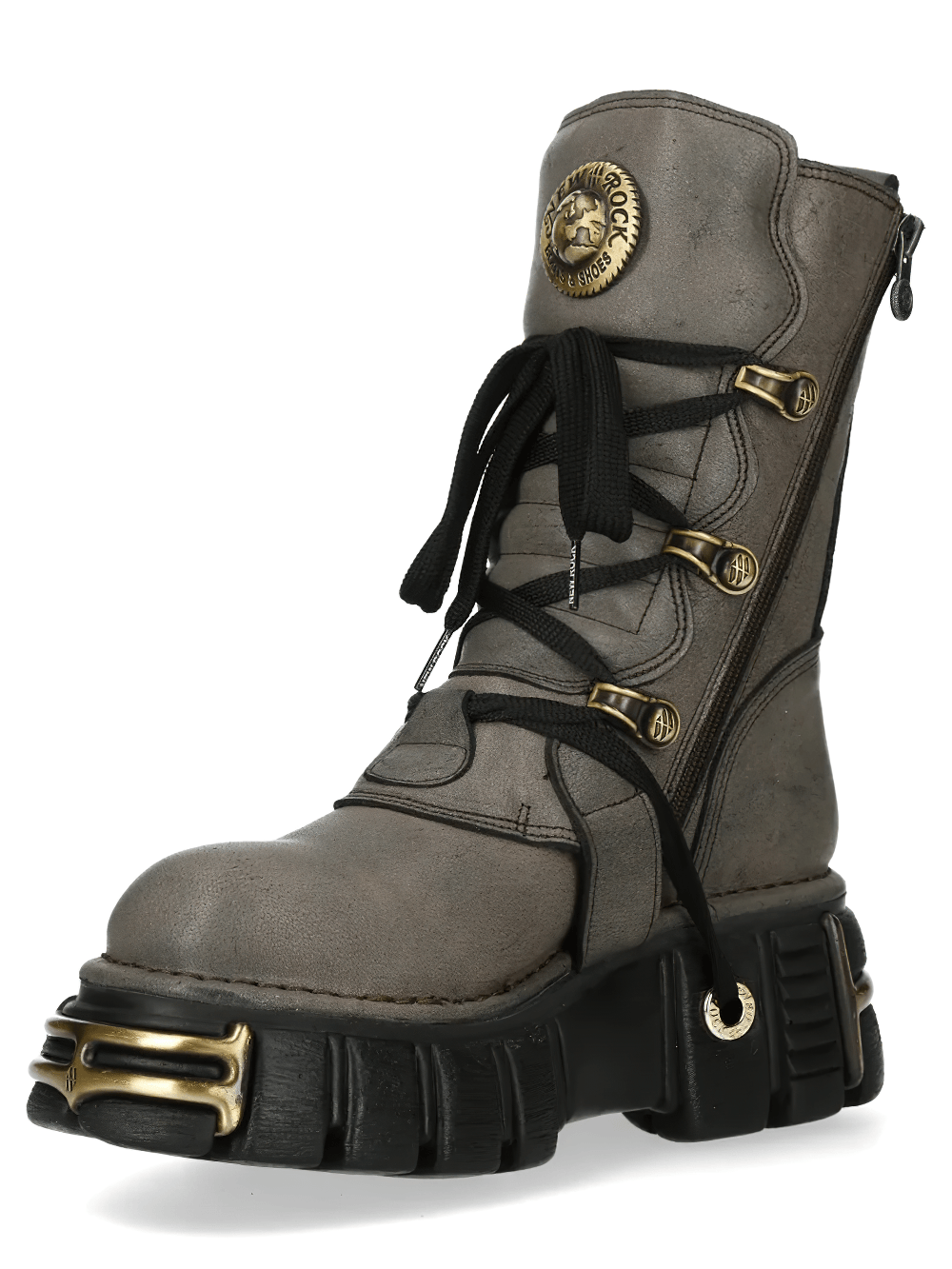 NEW ROCK Women's Mid-Calf Boots with Buckles and Chunky Sole featuring gray leather and bold black treaded sole.