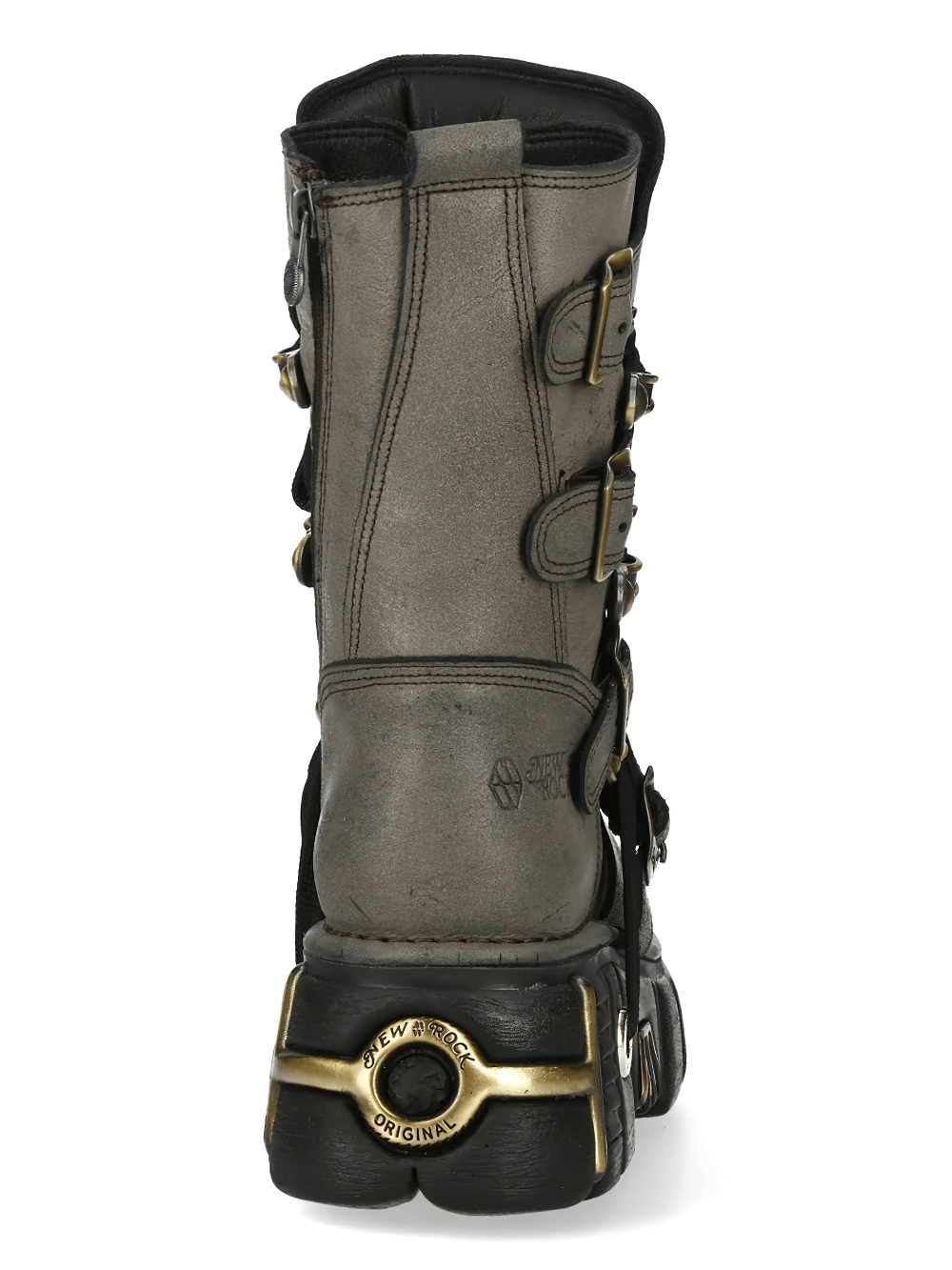 NEW ROCK Women's Mid-Calf Boots with Buckles and Chunky Sole featuring gray leather and antique brass hardware.