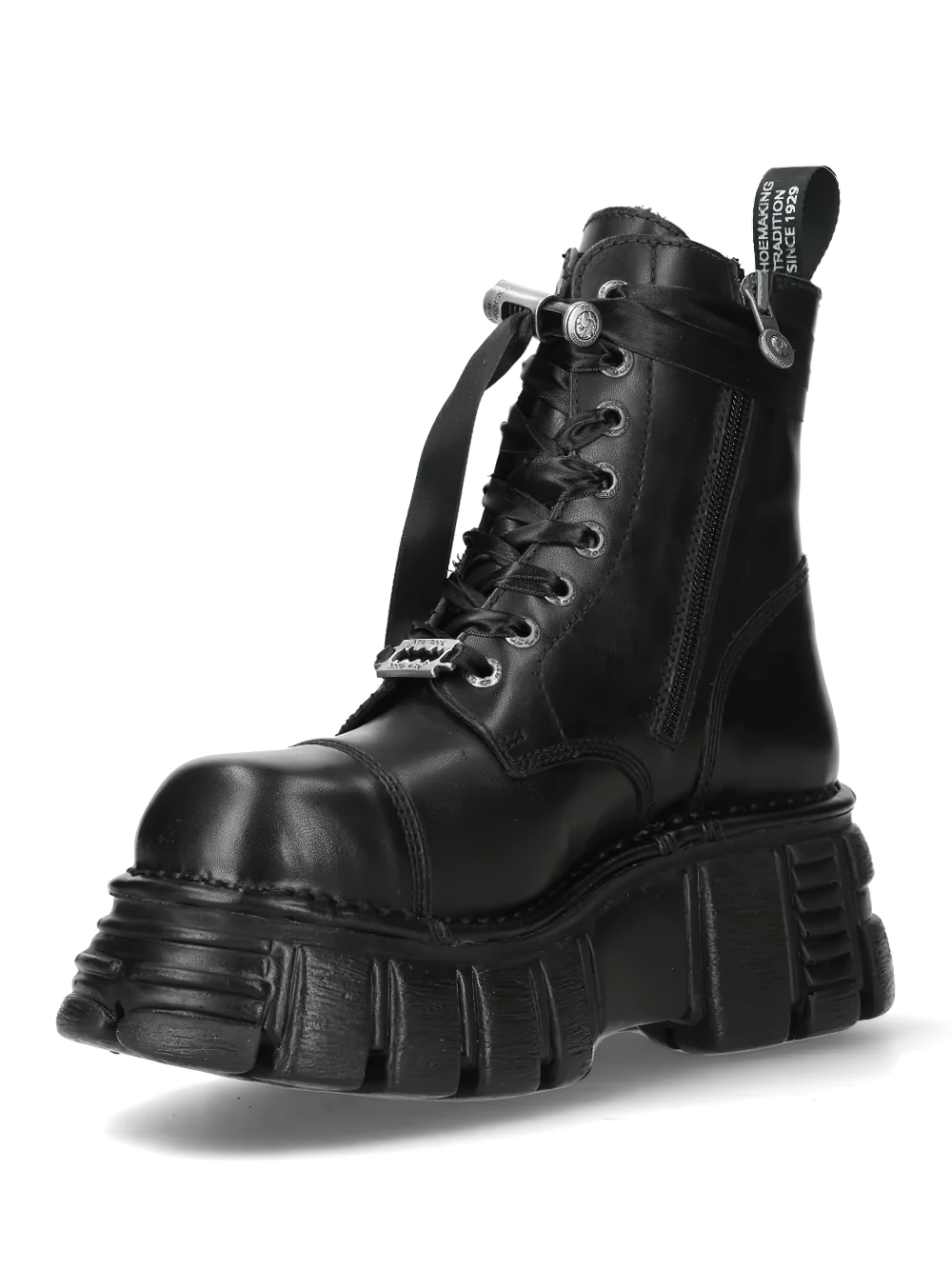 NEW ROCK Women's Military Ankle Boots with Ribbon Laces featuring a bold black design and stylish platform sole.