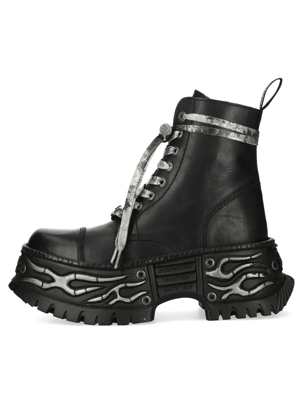 NEW ROCK Women's Military Ankle Boots with Silver Laces showcasing black leather and flame detailing.