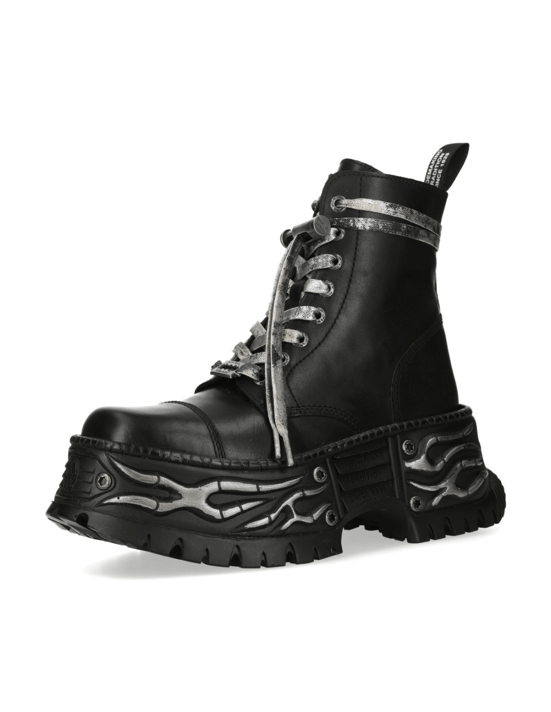 NEW ROCK Women's Military Ankle Boots with Silver Laces featuring bold platform and silver flame detailing.