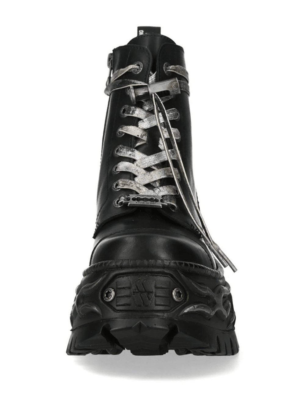 NEW ROCK Women's Military Ankle Boots with Silver Laces front view showcasing bold design and treaded sole.