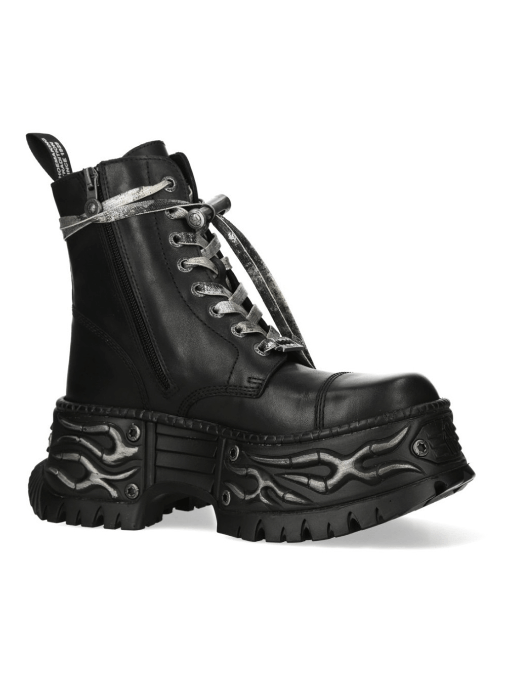 NEW ROCK Women's Military Ankle Boots with Silver Laces featuring a bold platform and industrial design.