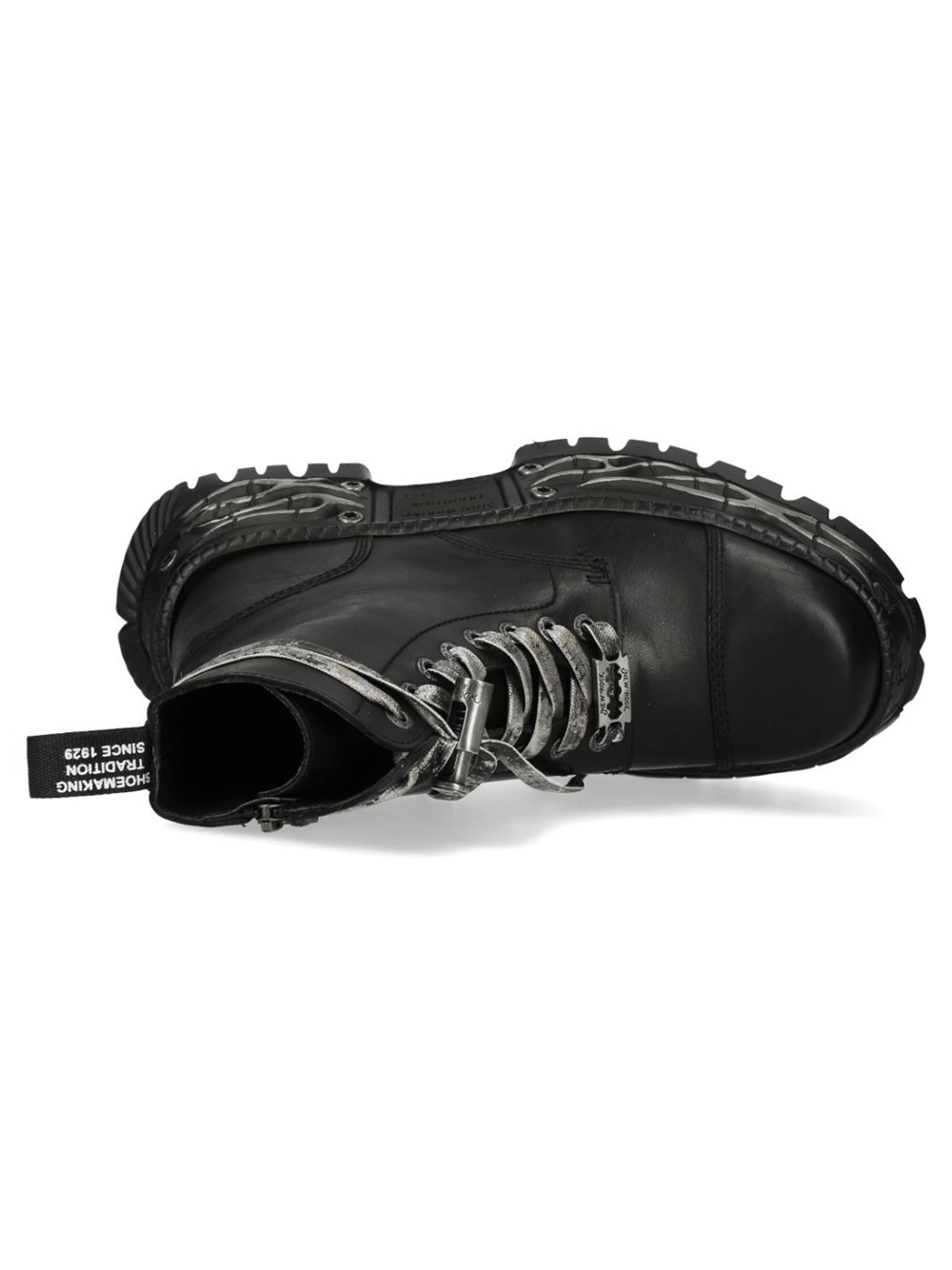 NEW ROCK Women's Military Ankle Boots with Silver Laces, featuring chunky treaded sole and unique silver detailing.