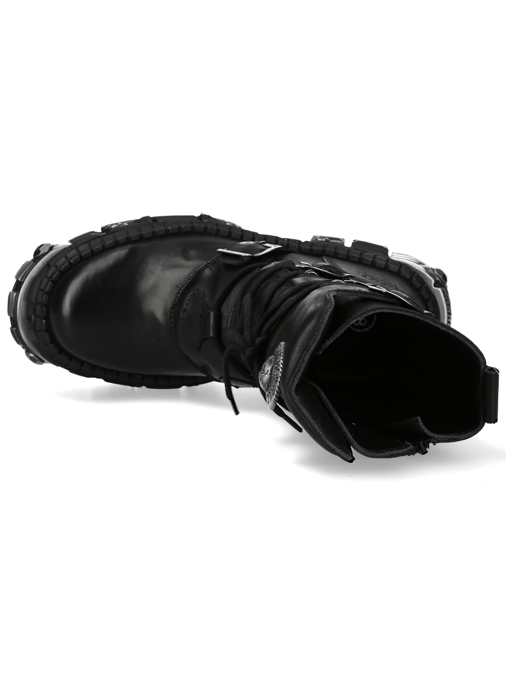 NEW ROCK Women's Military Platform Boots with Buckles showcasing black leather, laces, and metallic accents.