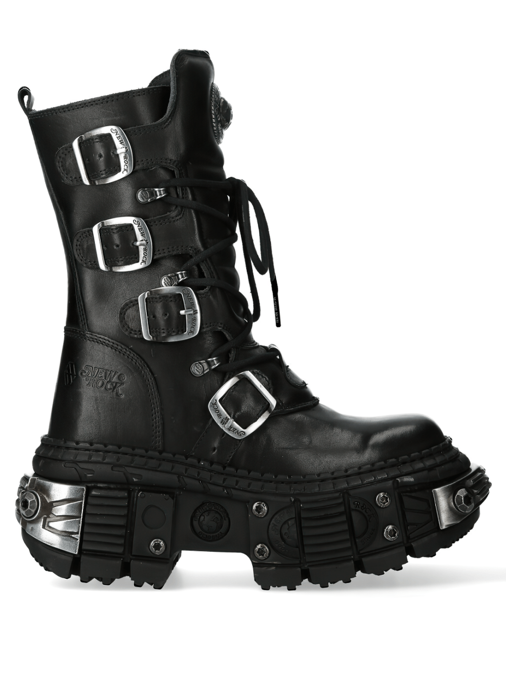 NEW ROCK Women's Military Platform Boots with Buckles showcasing gothic combat style and metallic buckle detailing.