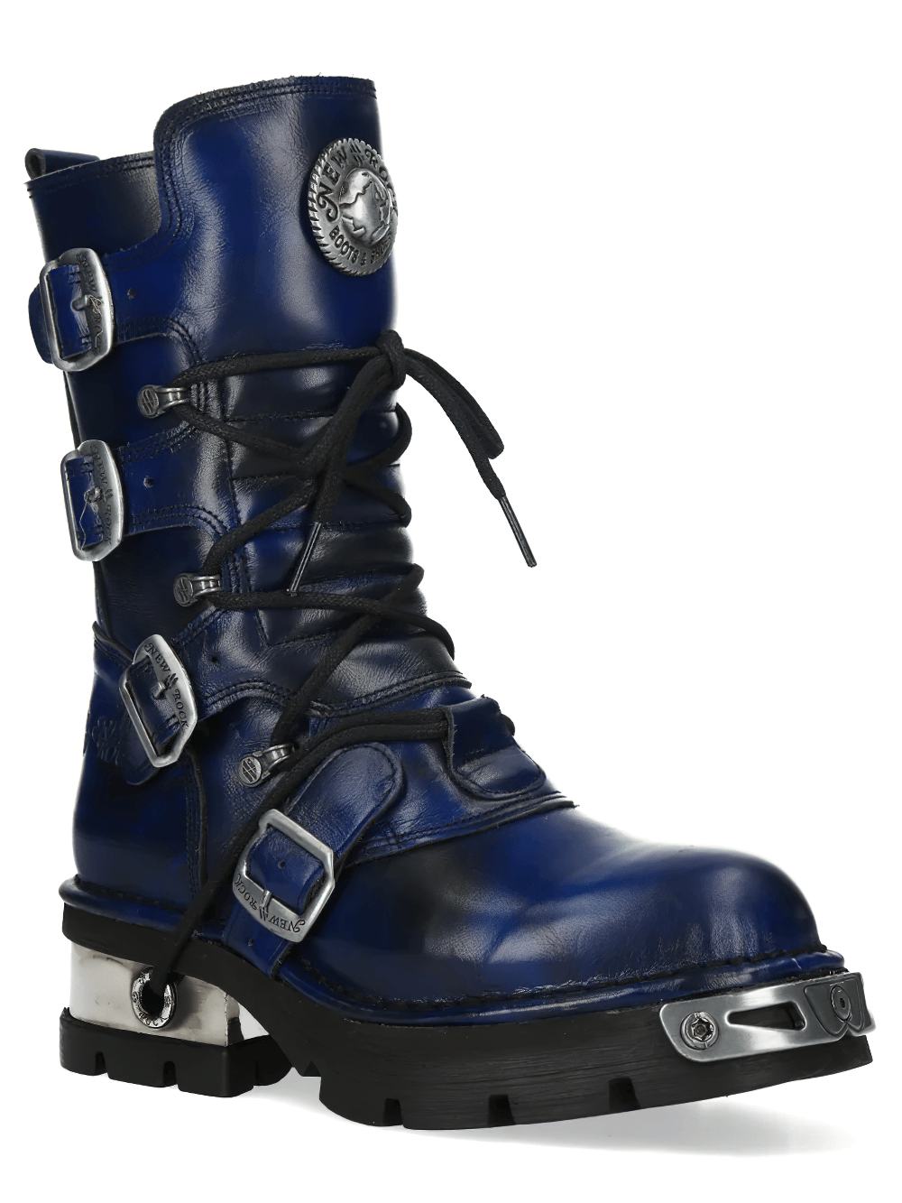 NEW ROCK Women's Navy Boots with Buckles and Chunky Soles showcasing front laces and side zippers.
