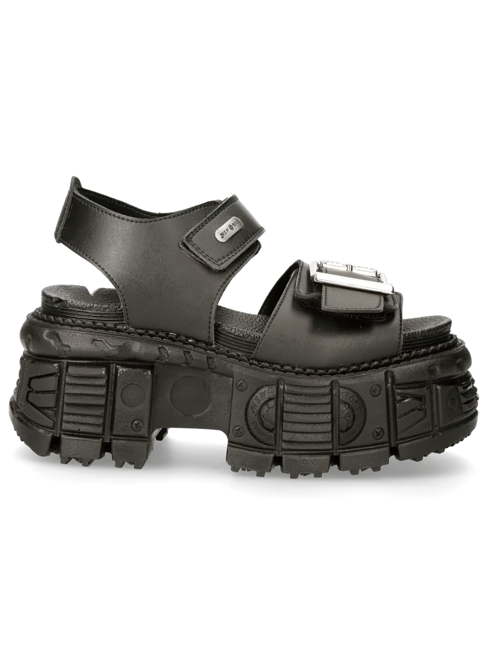 NEW ROCK Women's Open Toe Sandals with Chunky Treaded Base in black with wide adjustable straps.