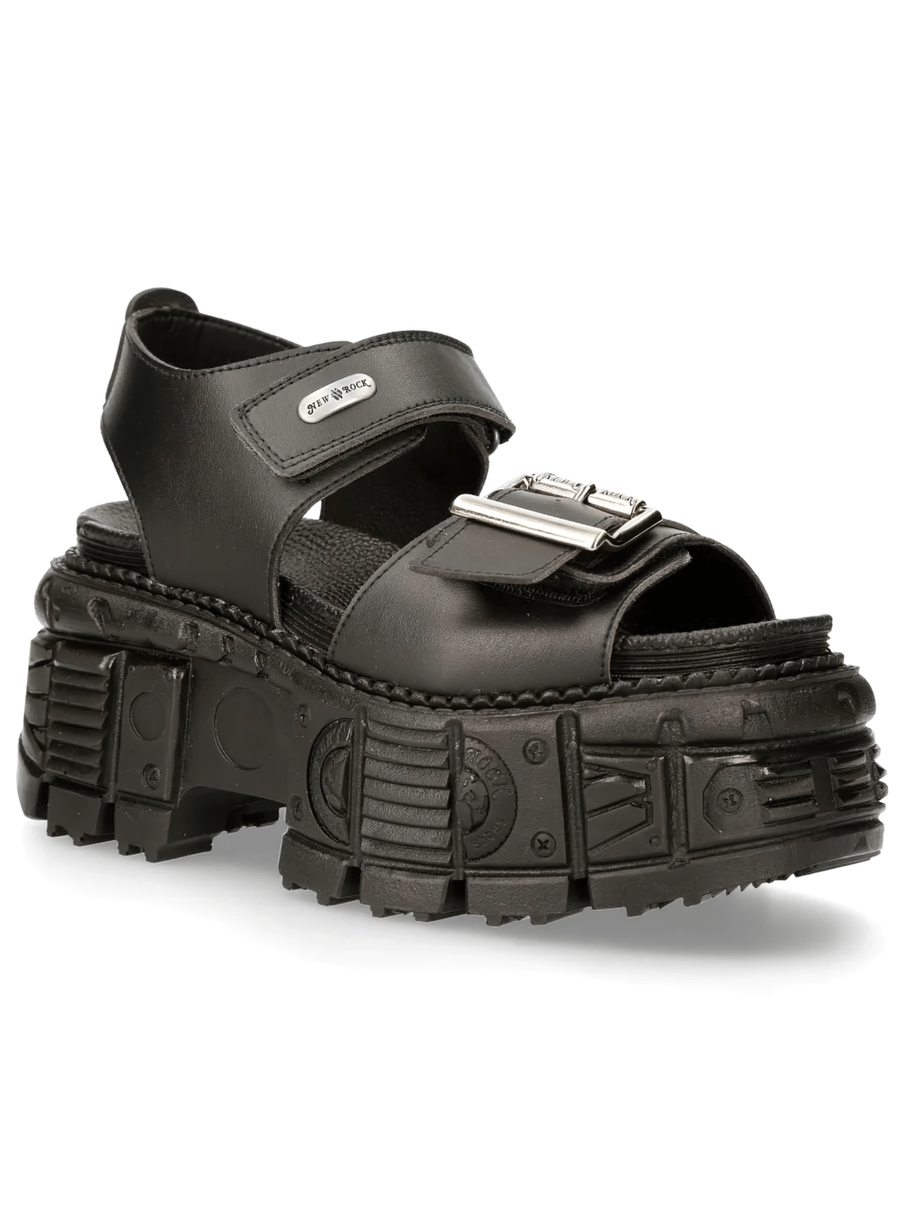 NEW ROCK Women's Open Toe Sandals with Chunky Treaded Base in black with wide adjustable buckle straps.