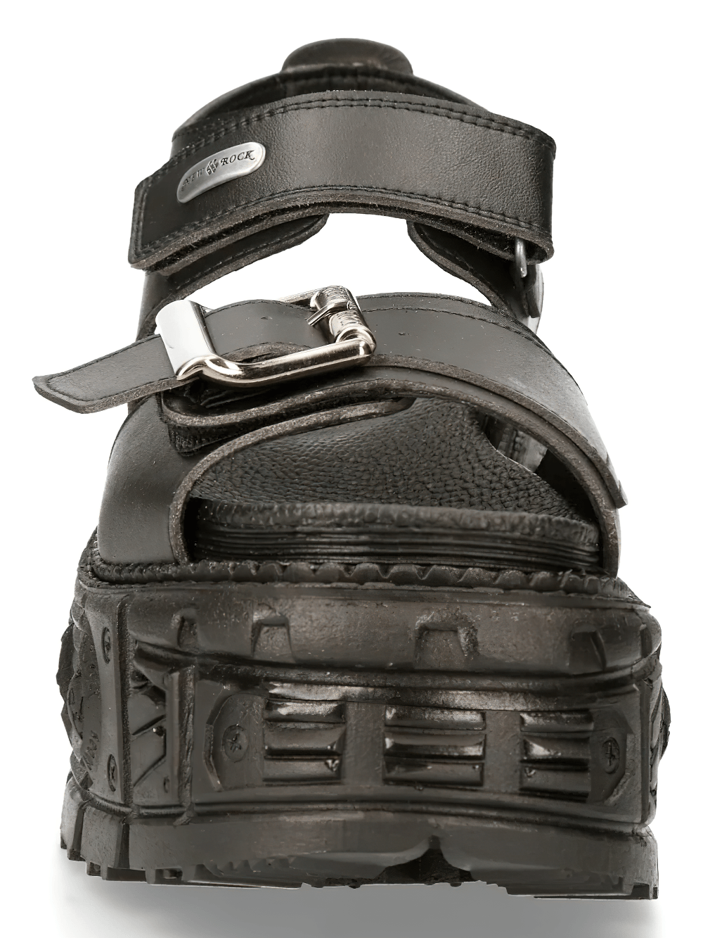 NEW ROCK Women's Open Toe Sandals with Chunky Treaded Base in black, showcasing the adjustable buckle and treaded sole.