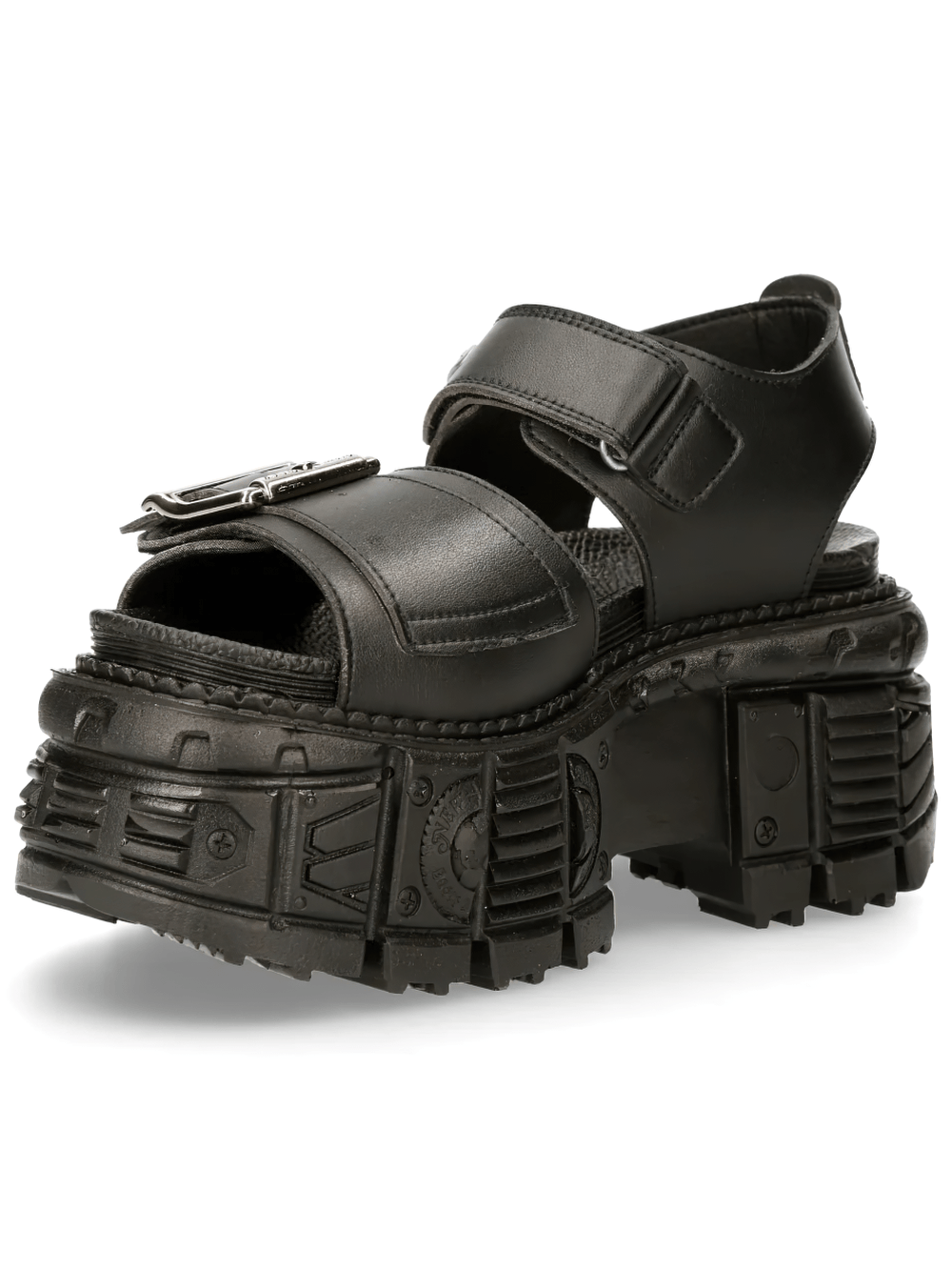NEW ROCK Women's Open Toe Sandals with Chunky Treaded Base in black with adjustable buckle straps.