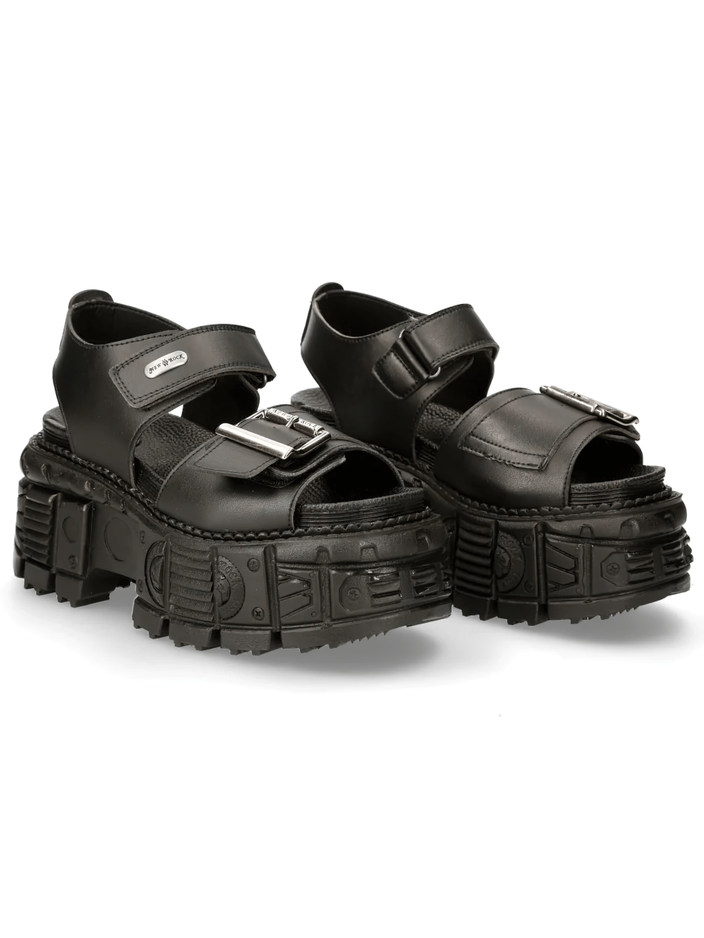 NEW ROCK Women's Open Toe Sandals with Chunky Treaded Base in black, featuring adjustable straps and oversized tread sole.
