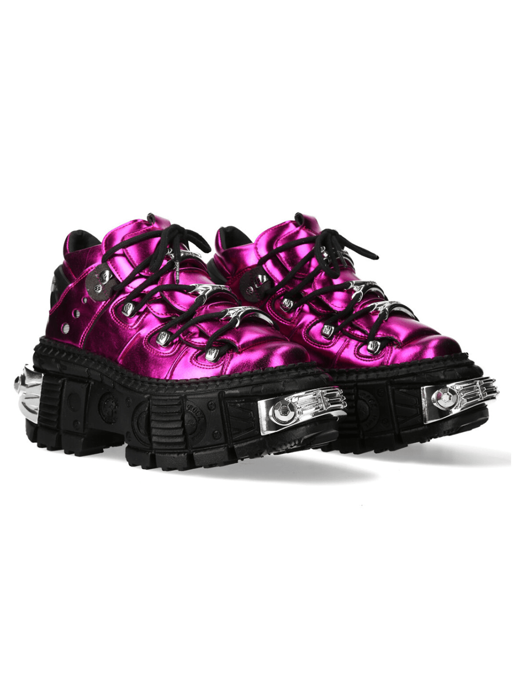 NEW ROCK Women's Pink Platform Shoes with Industrial Accents, featuring a metallic pink design and chunky mechanical tread.