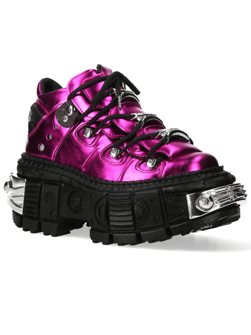 NEW ROCK Women's Pink Platform Shoes with Industrial Accents featuring shiny metallic pink and chunky tread.