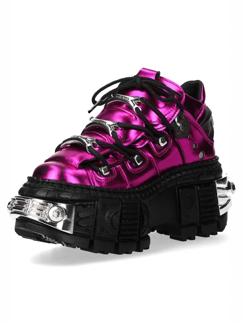 NEW ROCK Women's Pink Platform Shoes with Industrial Accents featuring metallic pink finish and chunky mechanical tread.