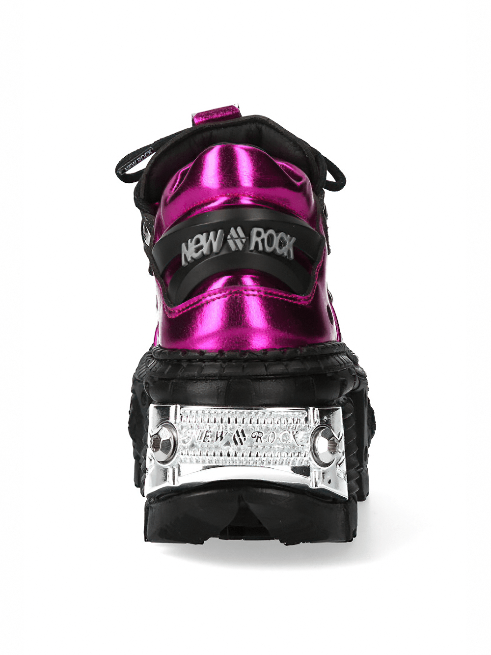 NEW ROCK Women's Pink Platform Shoes with Industrial Accents - metallic pink back view with mechanical tread