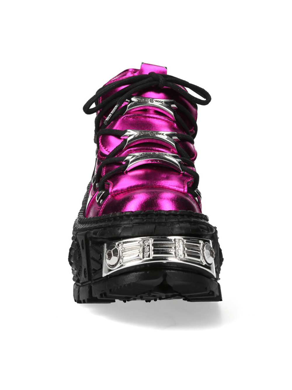 NEW ROCK Women's Pink Platform Shoes with Industrial Accents featuring metallic sheen and chunky mechanical tread.