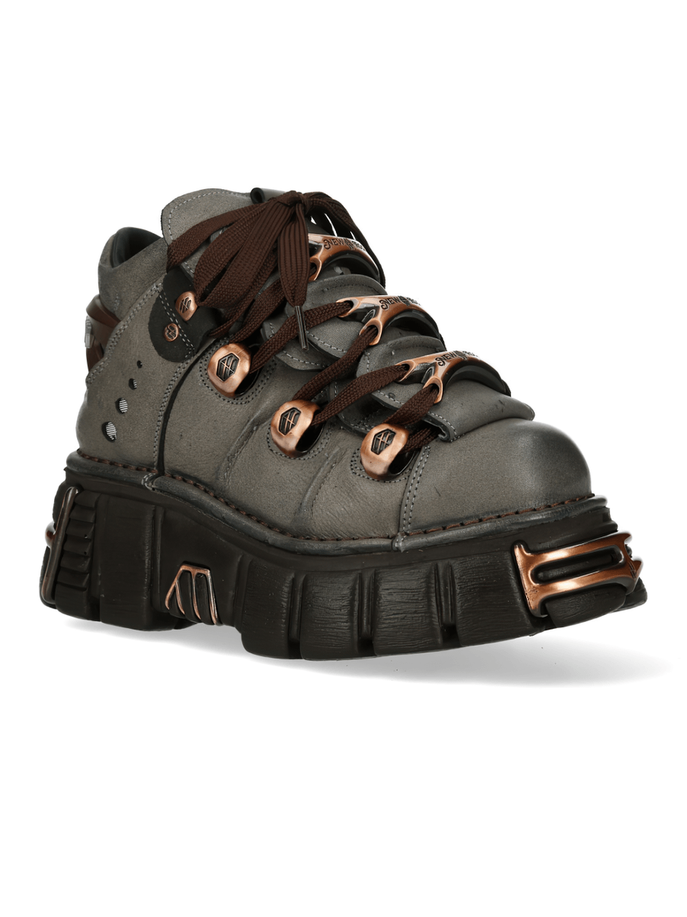 NEW ROCK Women's Platform Ankle Boots with Bronze Plates featuring taupe industrial punk style and chunky lug sole.