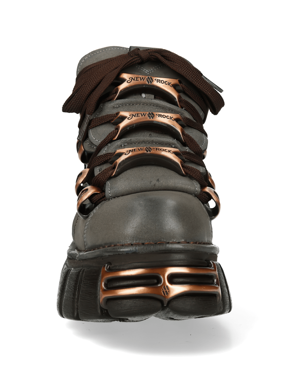 NEW ROCK Women's Platform Ankle Boots with Bronze Plates featuring copper lace plates and chunky lug sole.