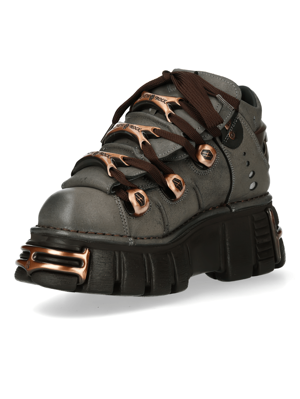 NEW ROCK Women's Platform Ankle Boots with Bronze Plates featuring taupe gray upper and chunky lug sole.