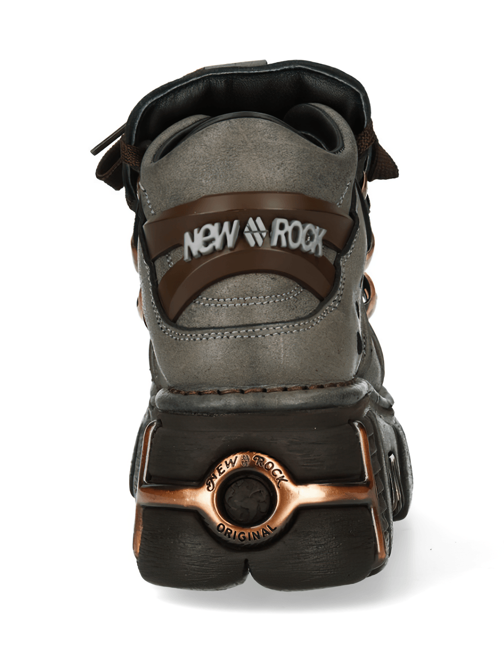 NEW ROCK Women's Platform Ankle Boots with Bronze Plates - Back view showcasing bronze and taupe design, perfect for punk fashion.