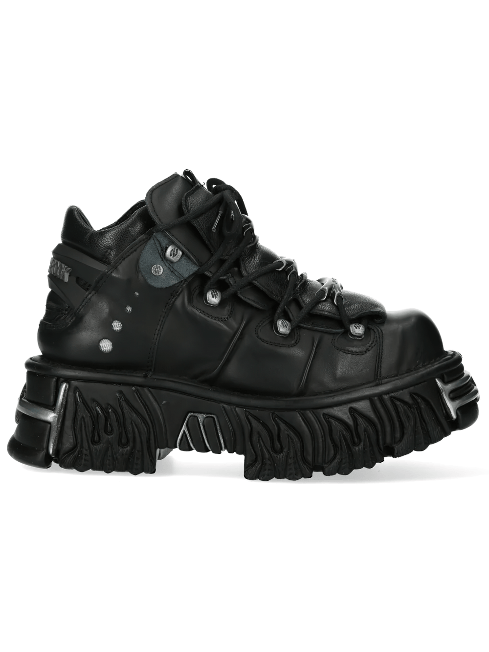 NEW ROCK Women's Platform Ankle Boots With Metal Plates Trim featuring a sculpted flame sole design in black.