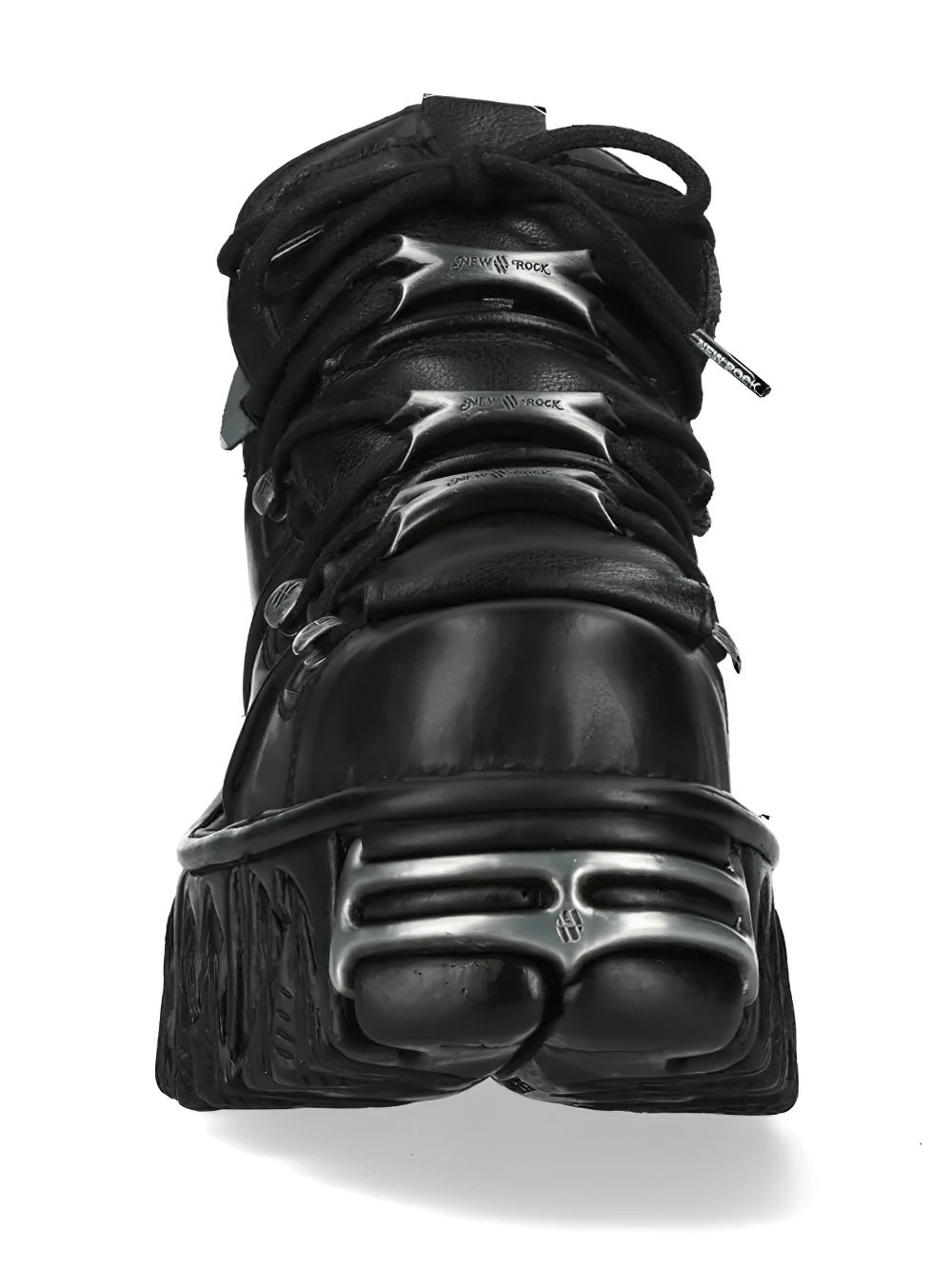 NEW ROCK Women's Platform Ankle Boots With Metal Plates Trim front view showcasing sculpted flame sole design.