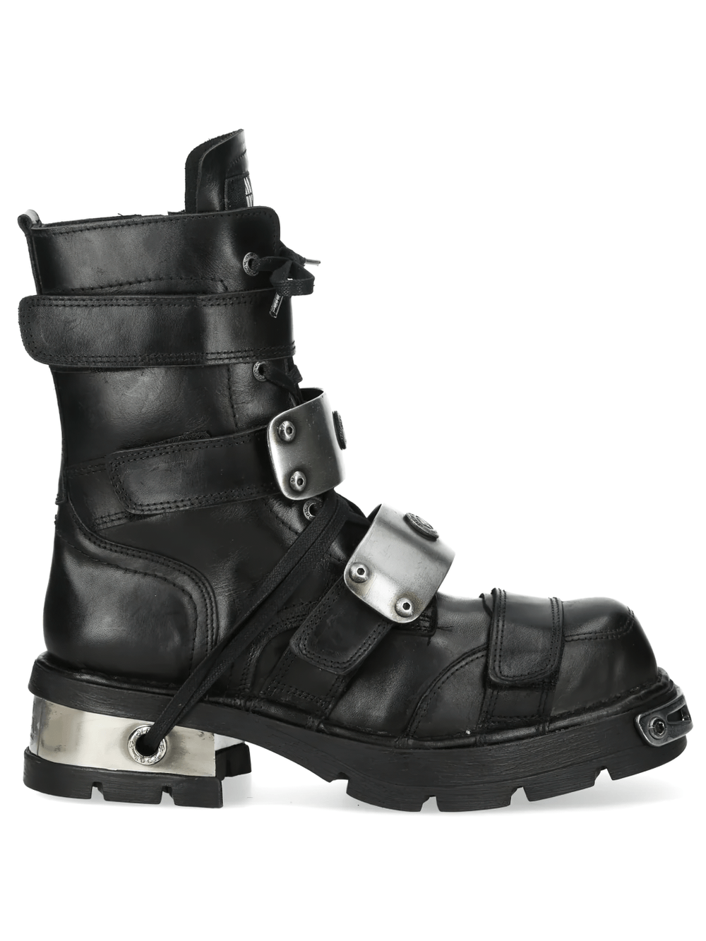 NEW ROCK Women's Platform Boots with Armor Plate Accents showcasing a black mid-calf design with striking silver accents.