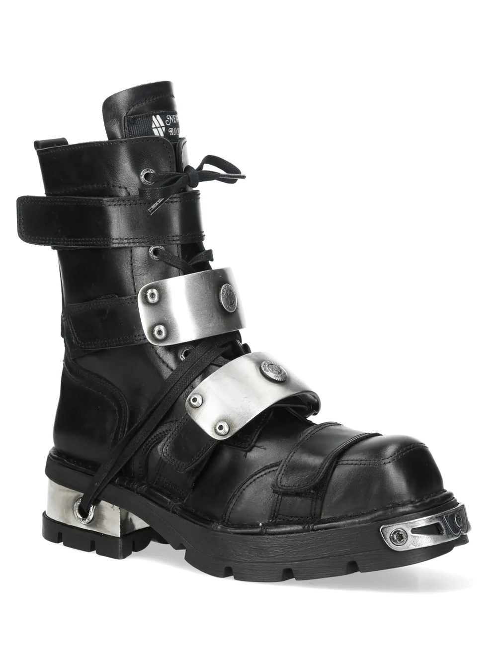 NEW ROCK Women's Platform Boots with Armor Plate Accents featuring a rugged black design and striking silver-tone details.