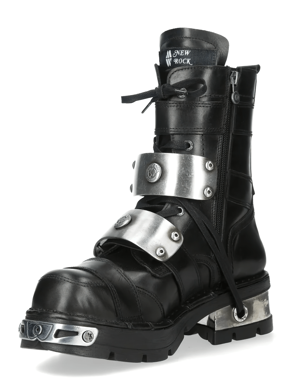 NEW ROCK Women's Platform Boots with Armor Plate Accents showcasing black leather and silver-tone metal accents.