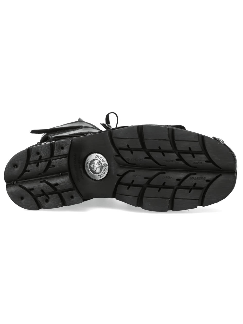 Sole view of NEW ROCK Women's Platform Boots with Armor Plate Accents showcasing rugged tread and metal details.
