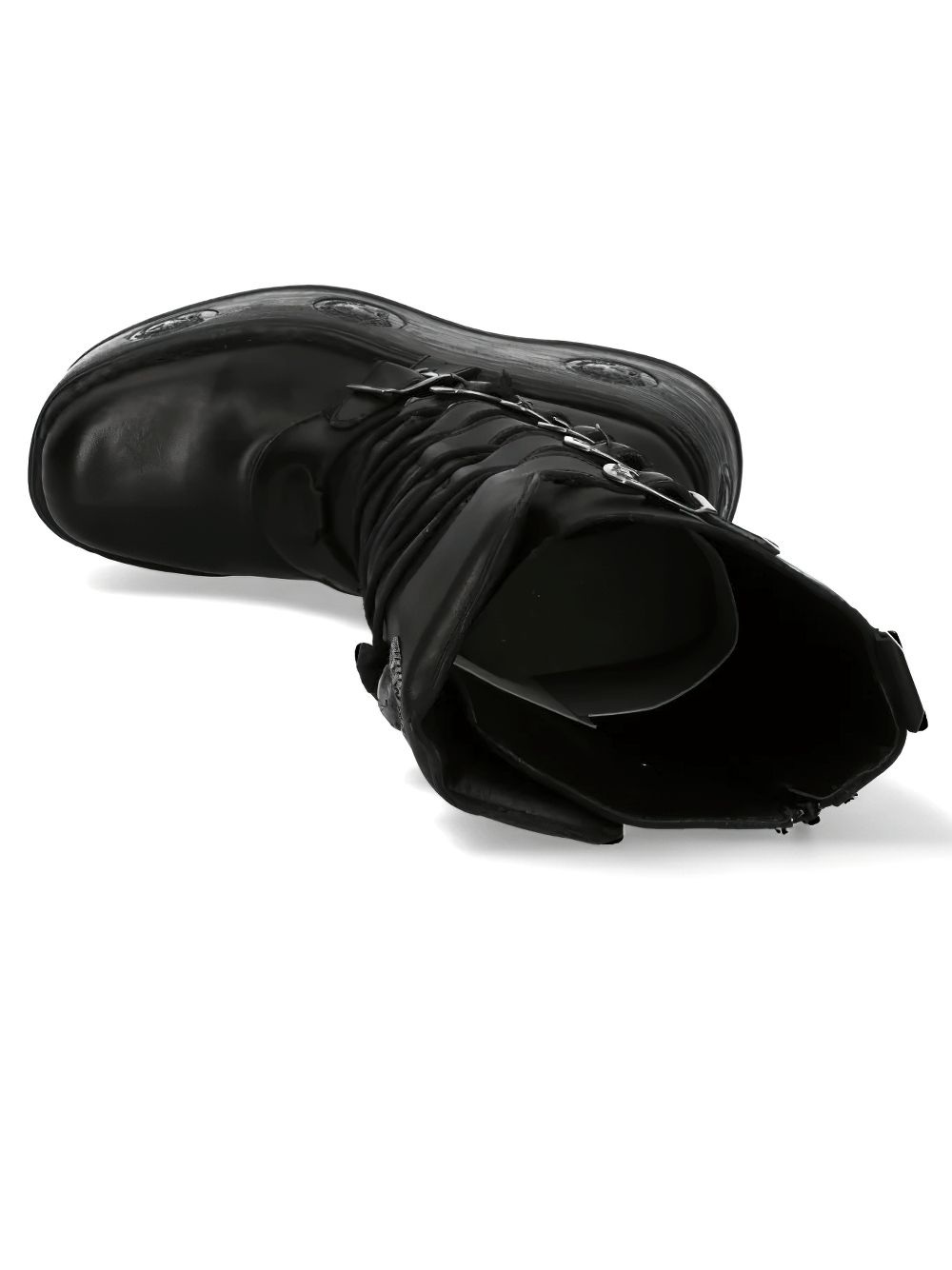 NEW ROCK Women's Platform Boots with Buckled Lace Design featuring a side zip and metallic details in bold black.
