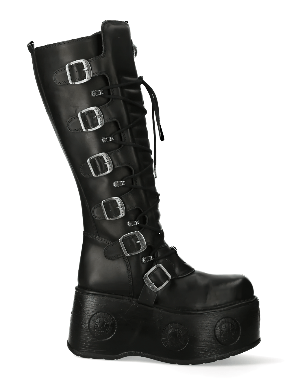NEW ROCK Women's Platform Boots with Buckled Lace Design showcasing fierce gothic punk style and tall wedge platform.