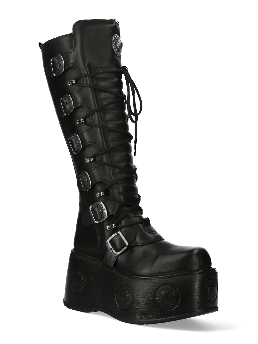 NEW ROCK Women's Platform Boots with Buckled Lace Design featuring tall shaft and bold wedge platform.