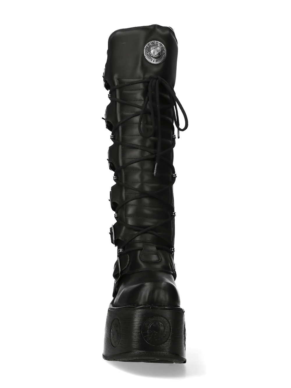NEW ROCK Women's Platform Boots with Buckled Lace Design, showcasing a fierce design with high shaft and platform sole.