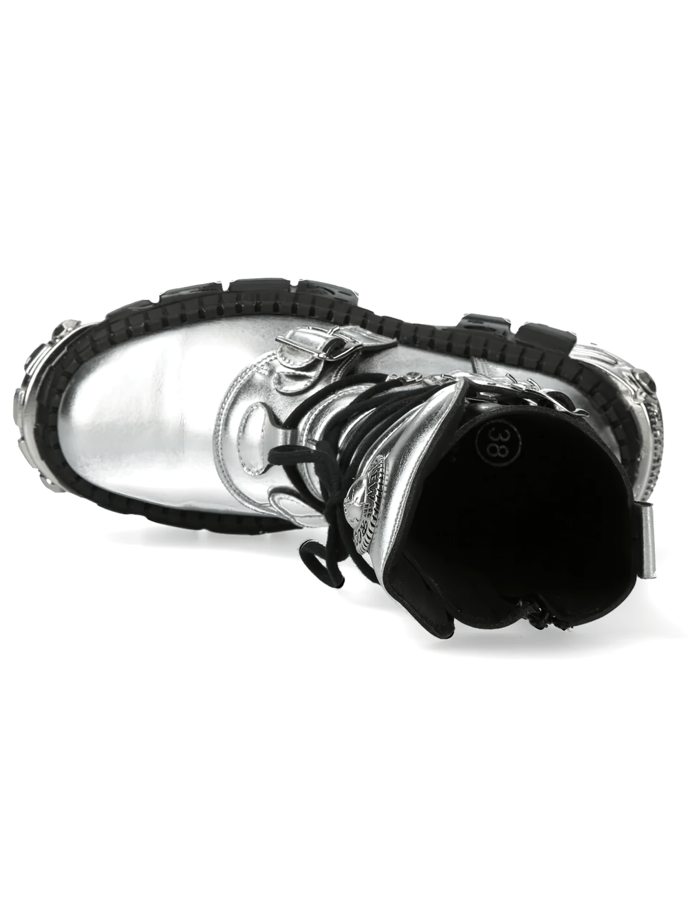 NEW ROCK Women's Platform Boots with Metal Plate Sole featuring a shiny silver finish and black sole view from above.