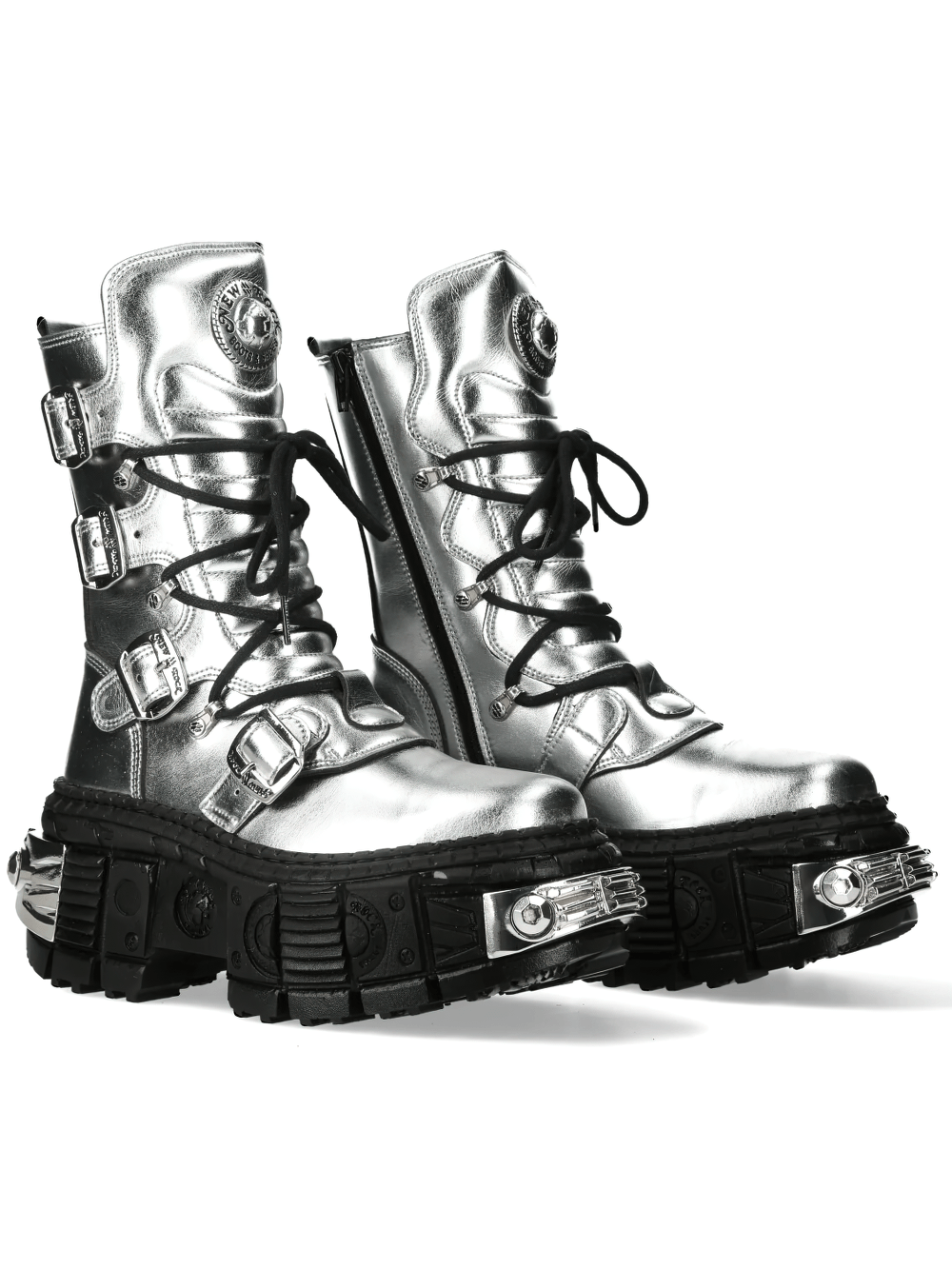 NEW ROCK Women's Platform Boots with Metal Plate Sole in metallic silver with buckled straps and bold black sole.