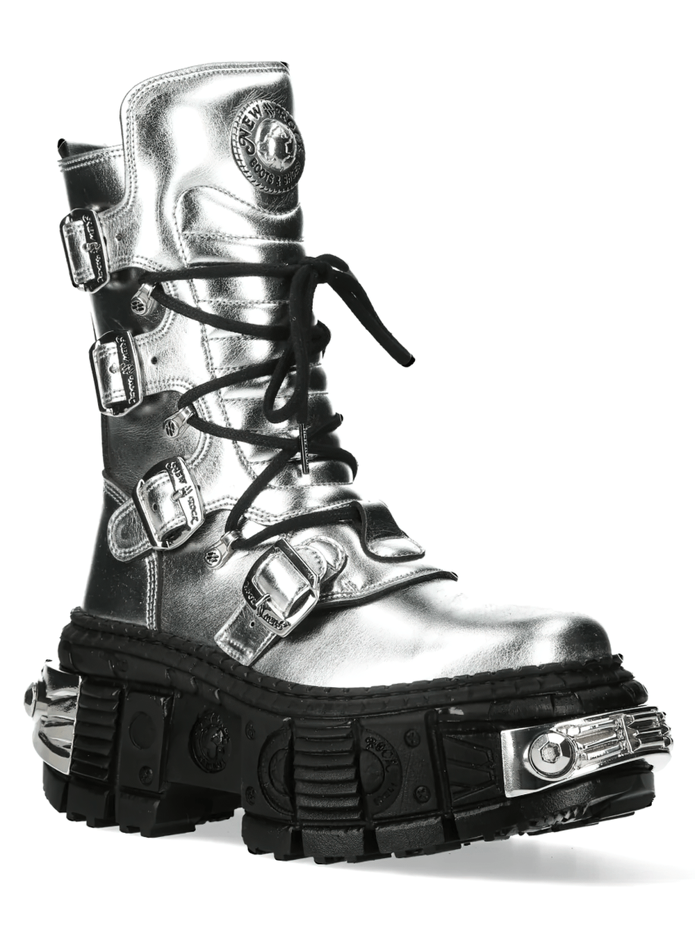 NEW ROCK Women's Platform Boots with Metal Plate Sole featuring a bold silver finish and rugged black sole.