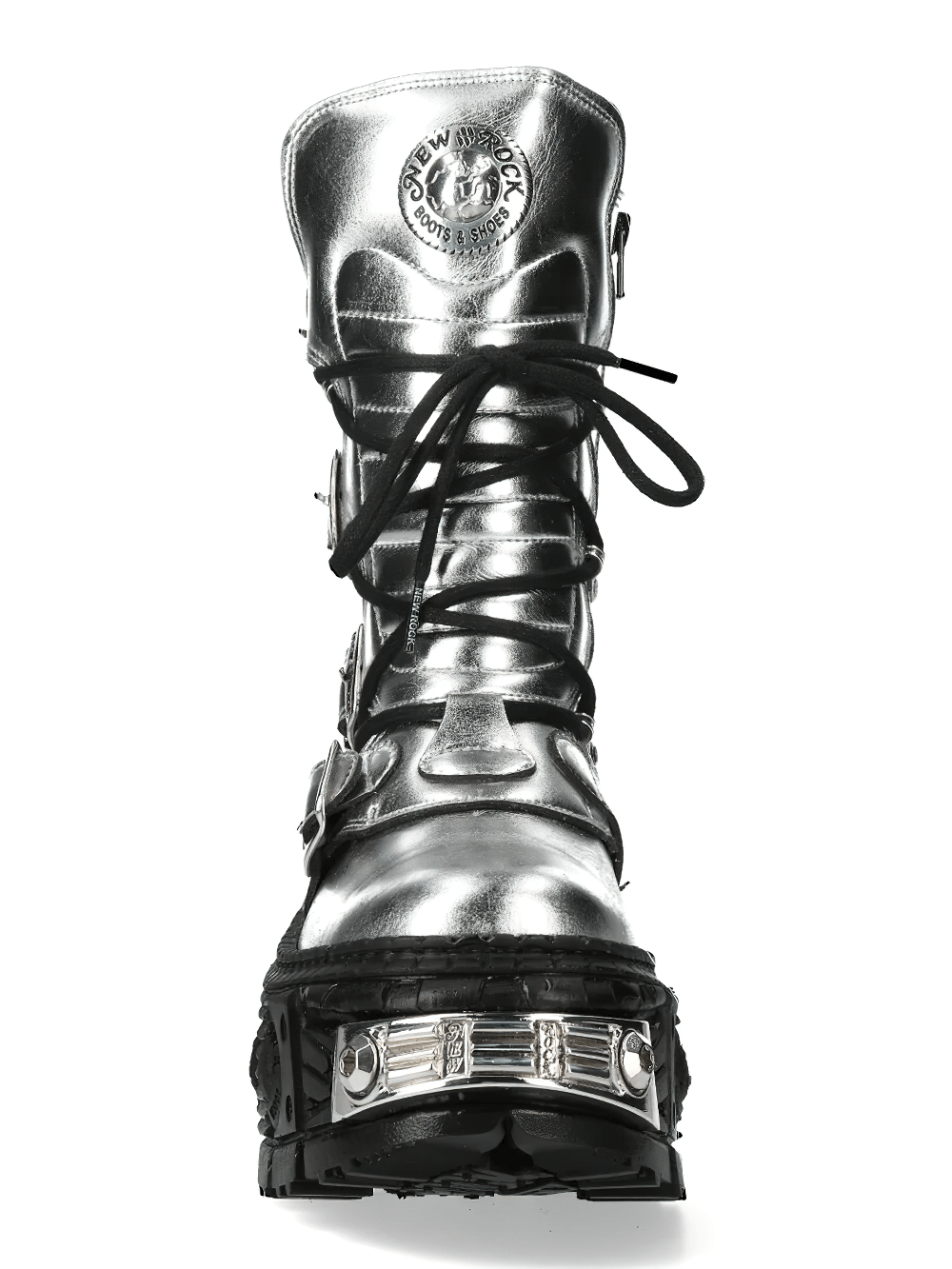 NEW ROCK Women's Platform Boots with Metal Plate Sole, metallic silver design with buckle straps and bold black sole.