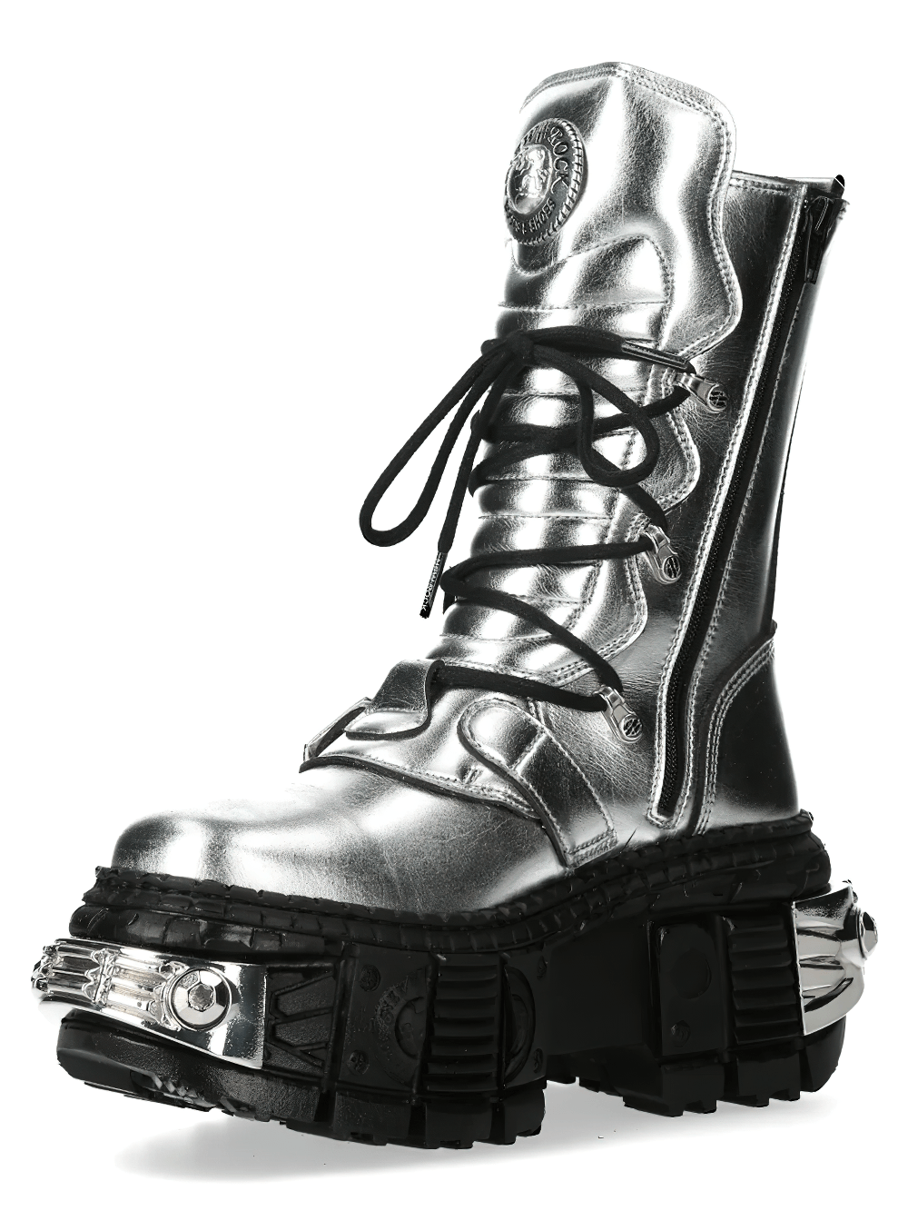 NEW ROCK Women's Platform Boots with Metal Plate Sole in sleek metallic silver with black towering sole.