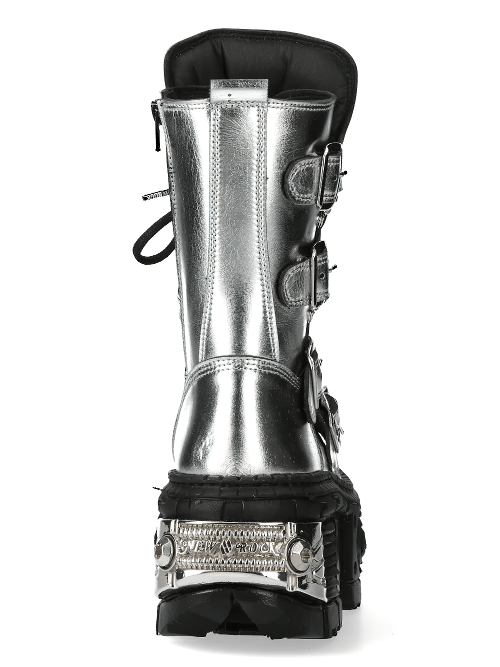 NEW ROCK Women's Platform Boots with Metal Plate Sole showcasing a shiny silver finish and buckled design from the back.