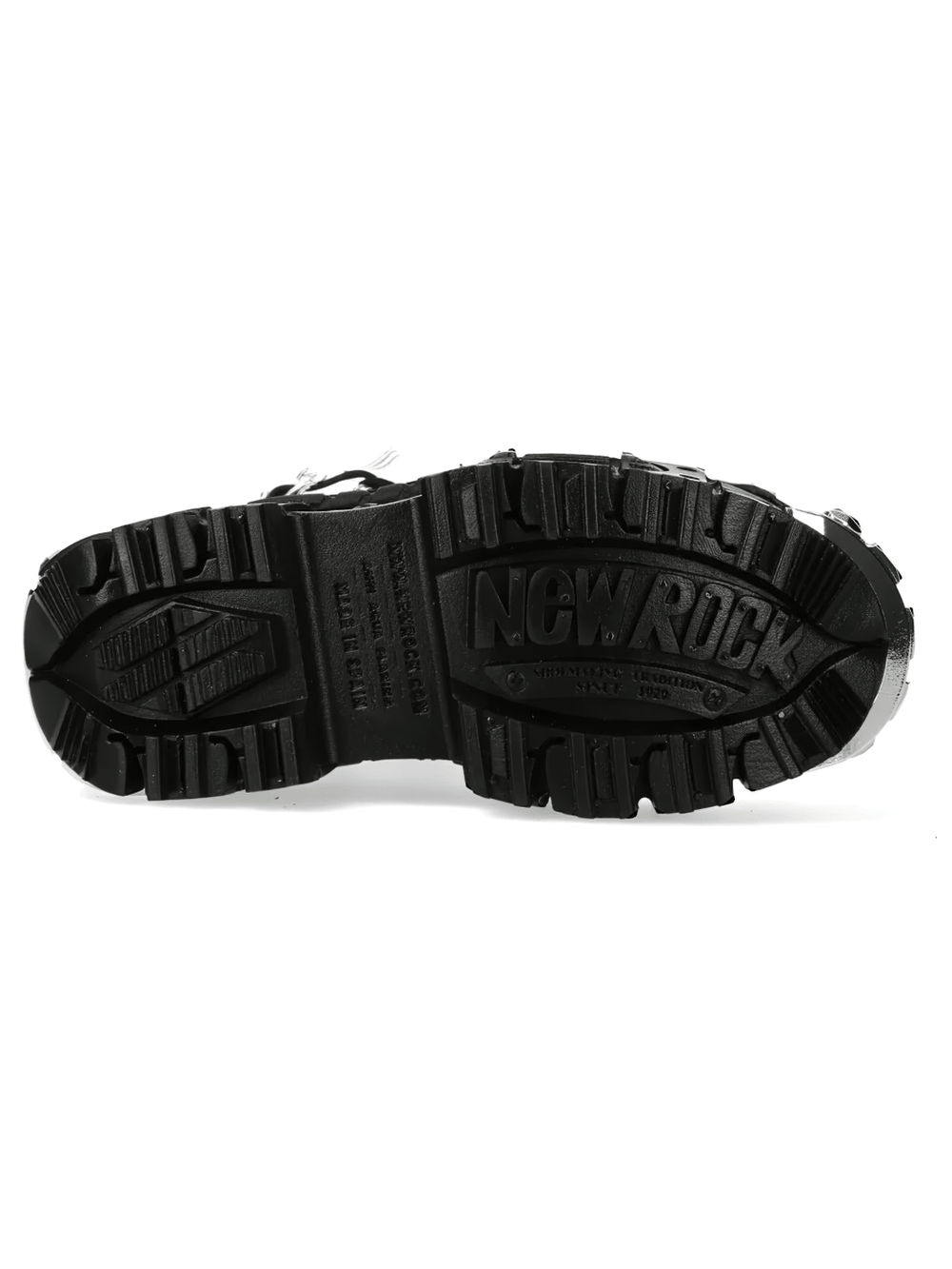 NEW ROCK Women's Platform Boots with Metal Plate Sole - view of the rugged black sole with logo details.