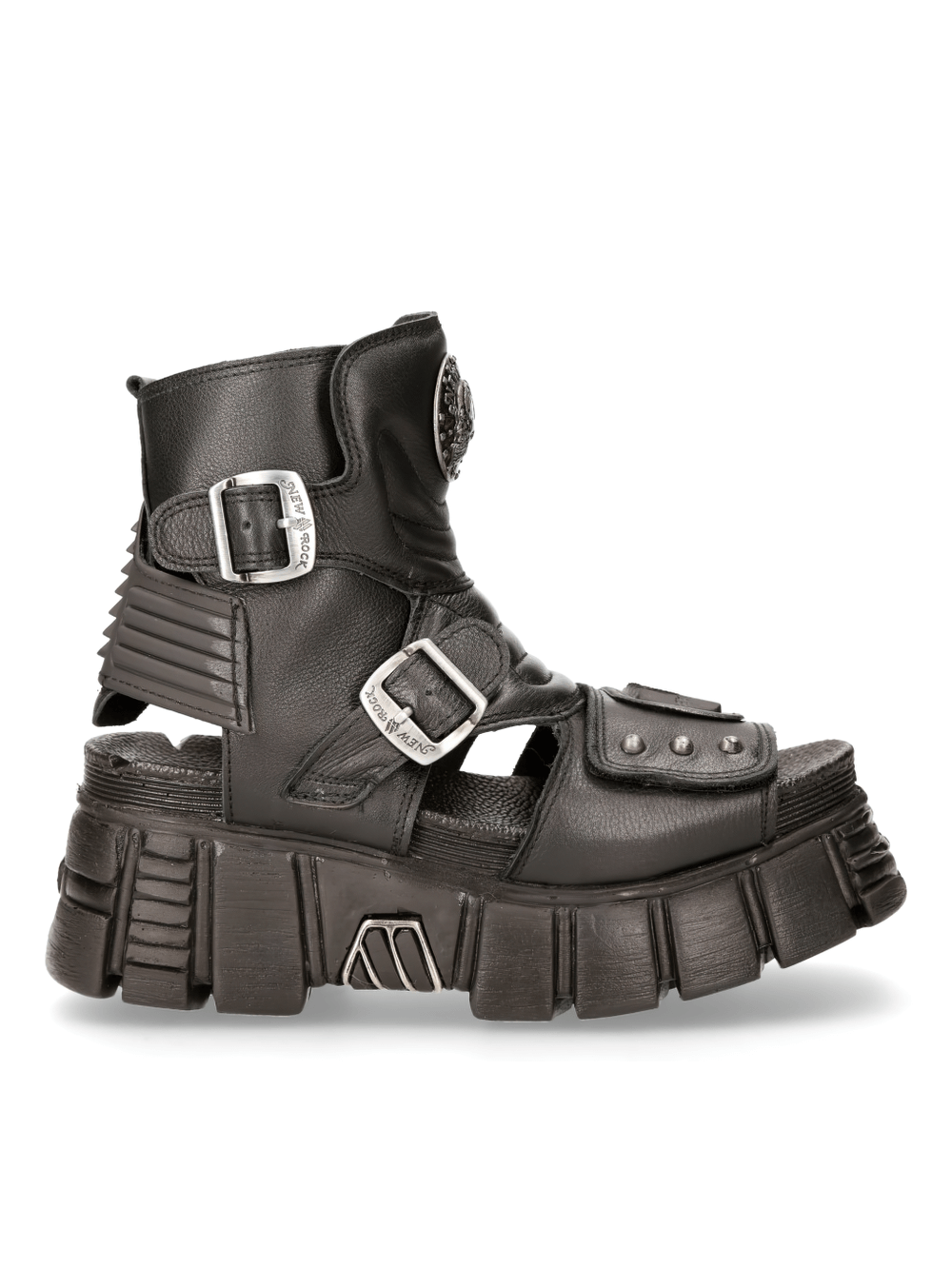 NEW ROCK women's black platform sandals with zippers, buckles, and heavy punk design, featuring open-toe and chunky sole.