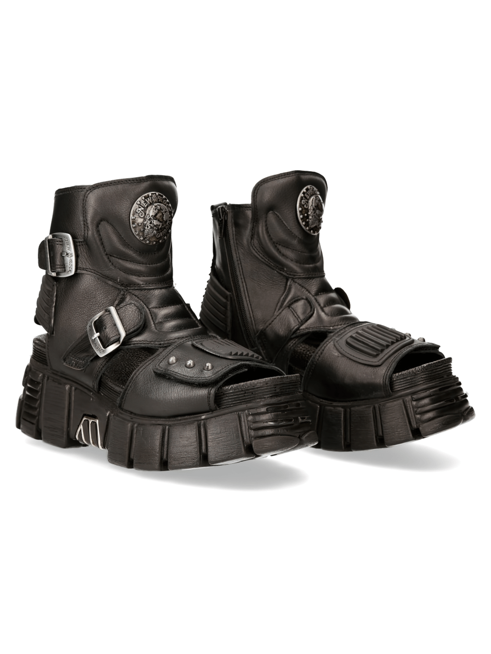 NEW ROCK women's platform sandals in black leather with zippers, buckles, and open-toe design for a bold punk style.