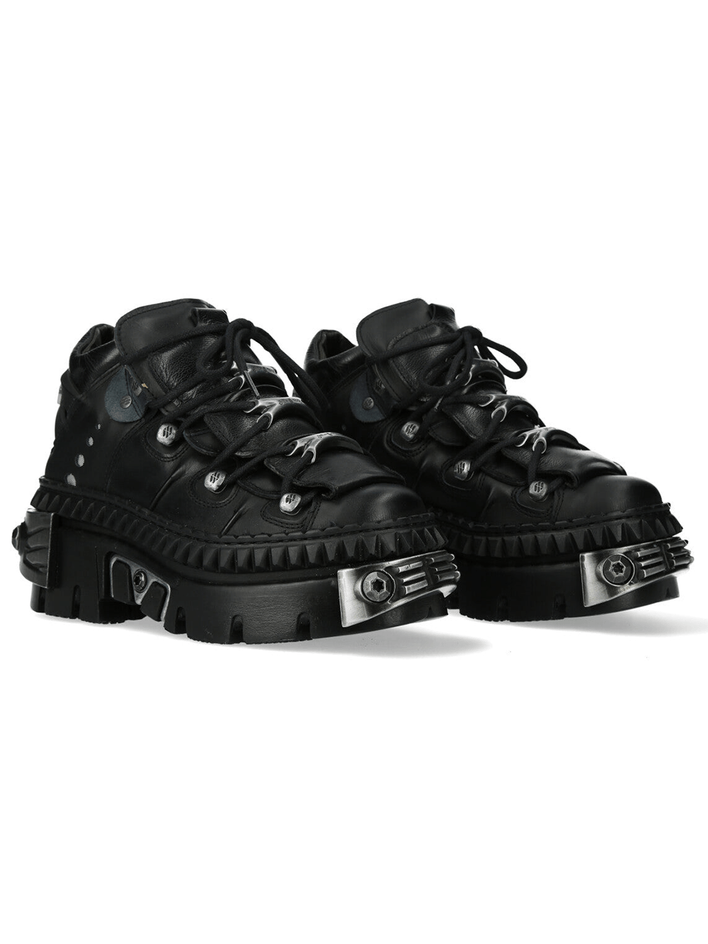 NEW ROCK Women's Platform Shoes with Industrial Metalwork featuring black leather, metal claw lace guards, and bold sole.