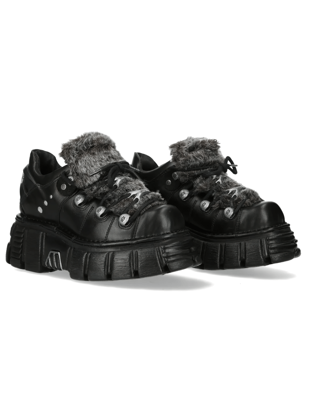 NEW ROCK Women's Platform Shoes with Industrial Sole Design showcasing black chunky sneakers with shaggy trim.